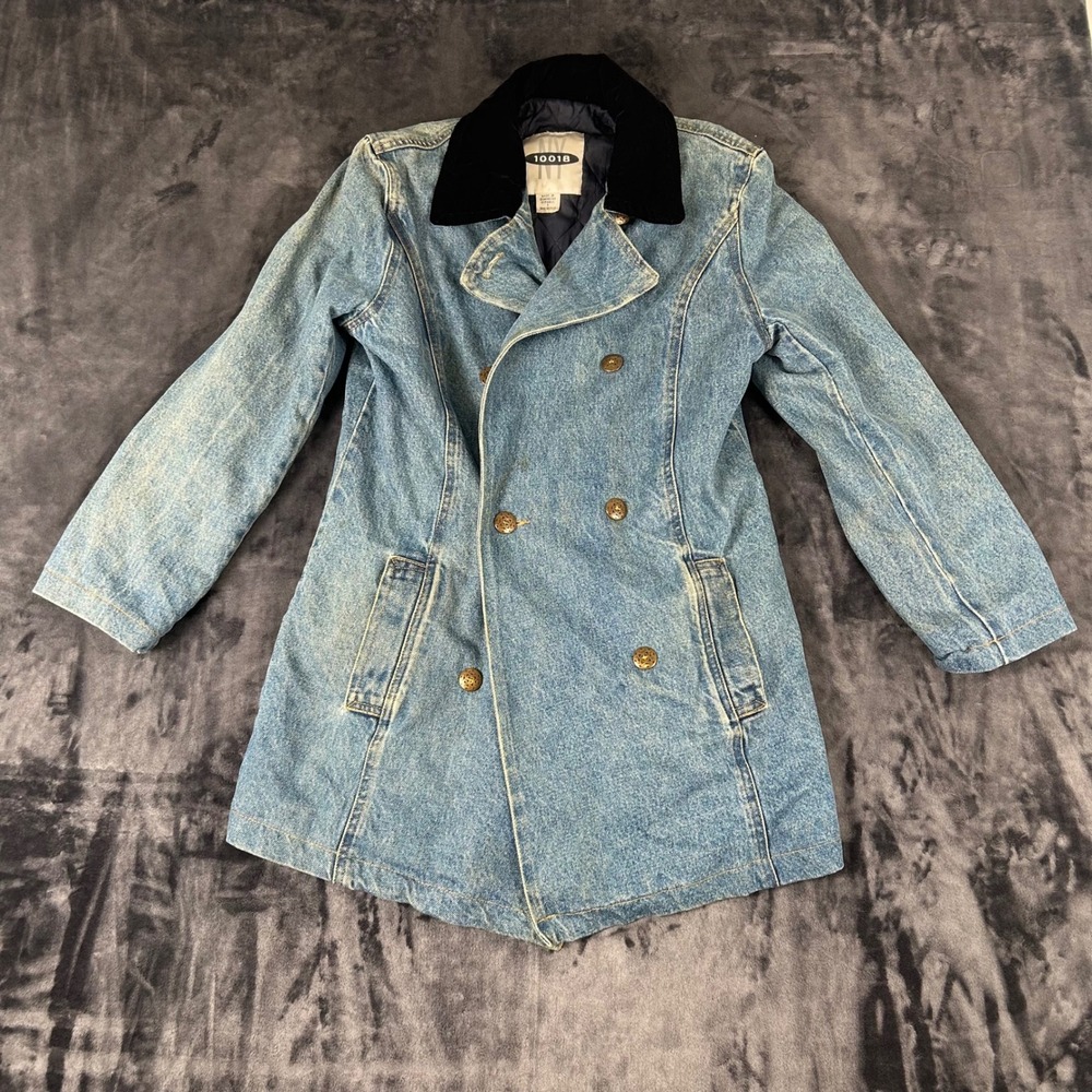 NY 10018 Denim Peacoat Womens Small Blue Velvet Collar Quilted Lined D-011